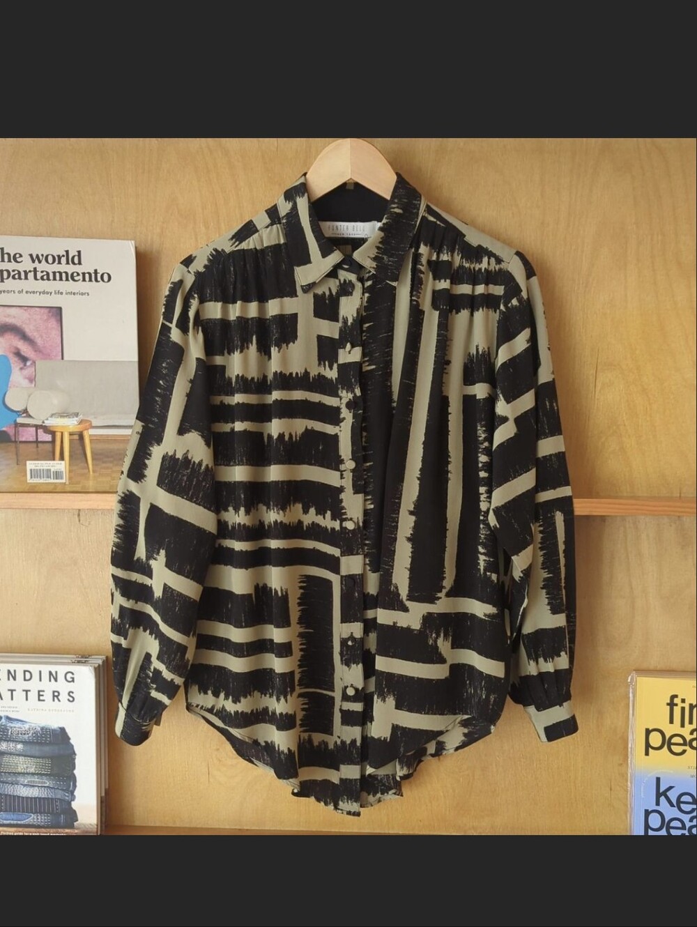 Hunter Bell black + sage green silk abstract print Blouse Size xS